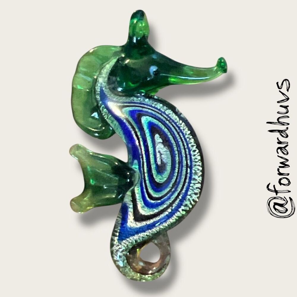 Hand Crafted  Glass Seahorse Pendant – Swirled Blue, Green & White